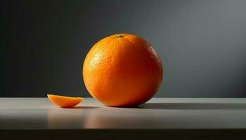 sappig citrus plak Aan hout tafel, levendig oranje versheid gegenereerd door ai foto