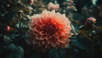 levendig boeket van multi gekleurde dahlia en chrysant in formeel tuin gegenereerd door ai foto