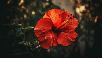 levendig hibiscus bloesem in dichtbij omhoog, presentatie van multi gekleurde bloemblaadjes gegenereerd door ai foto