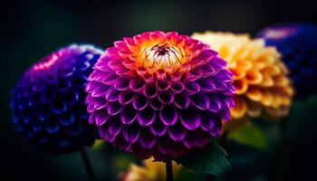 levendig schoonheid in natuur een dichtbij omhoog van een multi gekleurde dahlia gegenereerd door ai foto