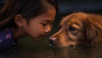 schattig meisje omarmt nat puppy in natuur, zuiver geluk weerspiegeld gegenereerd door ai foto