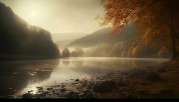 rustig herfst landschap Woud, berg, en natuurlijk schoonheid in overvloed gegenereerd door ai foto