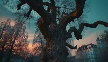 silhouet van spookachtig boom Afdeling terug lit door herfst zonsondergang gegenereerd door ai foto