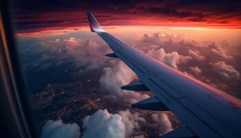 vliegend hoog bovenstaand de wolken, een reclame vliegtuig gegenereerd door ai foto