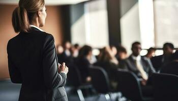 geslaagd bedrijf congres met publiek aan het leren van professioneel luidsprekers gegenereerd door ai foto