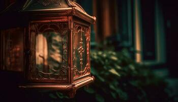 antiek lantaarn verlicht rustiek buitenshuis met gloeiend elegantie en nostalgie gegenereerd door ai foto
