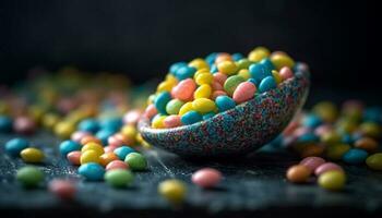 een kleurrijk snoep kom met een verscheidenheid van zoet behandelt gegenereerd door ai foto