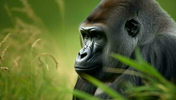 primaat portret bedreigd aap staren in Afrikaanse wildernis, dichtbij omhoog gegenereerd door ai foto