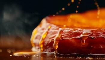 dichtbij omhoog van gerookt varkensvlees plak met honing laten vallen voor fijnproever maaltijd gegenereerd door ai foto