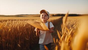 een kind lachend, Holding tarwe, genieten van natuur schoonheid Bij zonsondergang gegenereerd door ai foto