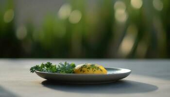 gezond fijnproever maaltijd met biologisch groenten Aan houten bord buitenshuis gegenereerd door ai foto