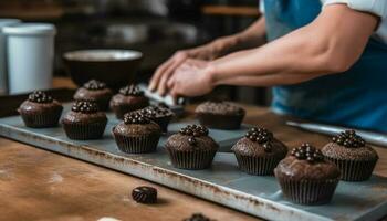 een persoon voorbereidingen treffen eigengemaakt chocola spaander muffin in huiselijk keuken gegenereerd door ai foto