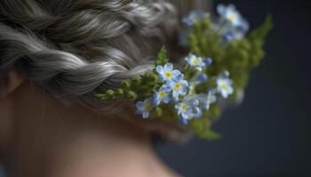 blond haren vrouw met gekruld haar- en een bloem in haar haar- gegenereerd door ai foto