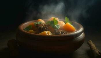 vers groente soep gekookt met biologisch ingrediënten in rustiek serviesgoed gegenereerd door ai foto