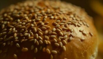 gezond eigengemaakt tarwe brood met sesam zaden Aan geel bord gegenereerd door ai foto