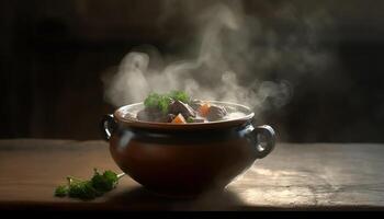 gezond vegetarisch stoofpot met vers biologisch groenten Aan rustiek hout tafel gegenereerd door ai foto