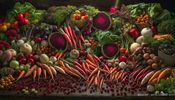 gezond vegetarisch salade met vers biologisch groenten Aan houten tafel gegenereerd door ai foto
