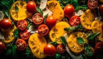 vers biologisch vegetarisch salade met rijp tomaat en Mozzarella cirkel gegenereerd door ai foto