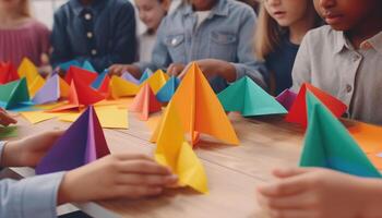 groep van kinderen spelen met papier zeilboten, genieten van kinderjaren creativiteit gegenereerd door ai foto