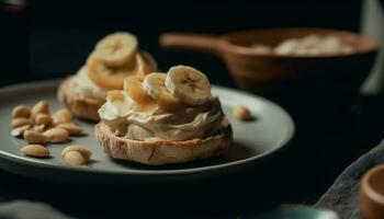 vers gebakken banaan brood Aan rustiek houten bord, toegeeflijk tussendoortje gegenereerd door ai foto