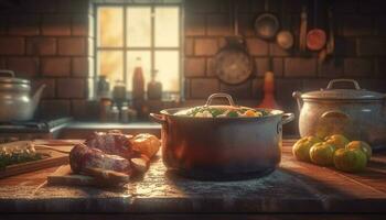 rustiek eigengemaakt stoofpot gekookt Aan hout fornuis in huiselijk keuken gegenereerd door ai foto