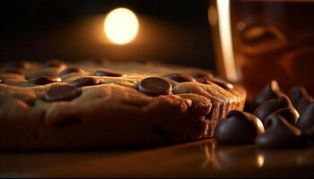 toegeeflijk eigengemaakt chocola spaander koekje Aan rustiek hout tafel gegenereerd door ai foto