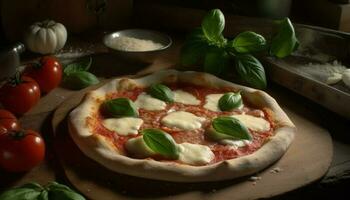 vers gebakken rustiek margherita pizza met biologisch tomaat saus en Mozzarella gegenereerd door ai foto
