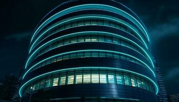 futuristische wolkenkrabber weerspiegelt modern stad leven in verlichte blauw glas gegenereerd door ai foto