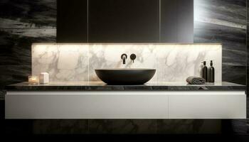 modern ontwerp schijnt in luxe badkamer met marmeren vloeren en chroom gegenereerd door ai foto