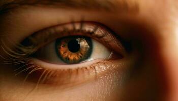 Kaukasisch vrouw blauw oog staren Bij camera met sensualiteit gegenereerd door ai foto