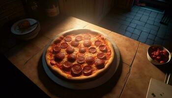 vers gebakken pizza Aan rustiek hout tafel, bekroond met Mozzarella gegenereerd door ai foto