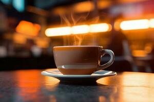 extreem detailopname schot koffie beker, in een koffie winkel, focus is Aan de koffie beker. ai generatief foto