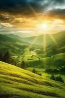 de zon stijgt over- een heuvel met met gras begroeid velden en een Oppervlakte met een heuvel. ai generatief foto