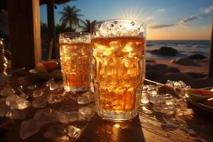 ijskoud bier in glas Aan een strand. ai generatief foto