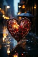 hart vorm geven aan, regenachtig venster, nat straat. ai generatief foto