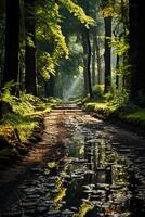 zomer, de zon schijnt helder, Woud pad. ai generatief foto