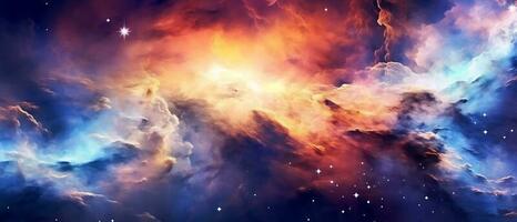 levendig hemel- nevel van kosmisch tinten. fonkelend nachtelijk kosmos versierd met sterrenstelsels. de vraagt zich af van wetenschap en astronomie in de enorm universum. generatief ai foto
