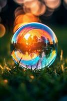 realistisch kleurrijk zeep bubbel in de ochtend- zon. ai generatief foto