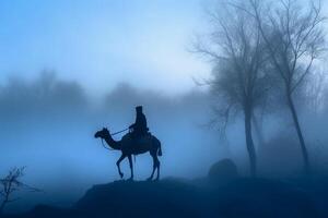 soldaat Aan een kameel, mistig Oppervlakte, silhouet. ai generatief foto