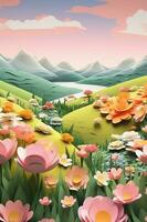 papercraft stijl, met gras begroeid landschap, pastel kleuren, bloemen, kopieerruimte. ai generatief foto
