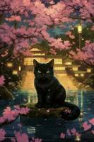 neon, schattig zwart kat zittend in tuin alleen en vlinders in tuin Bij nacht. ai generatief foto