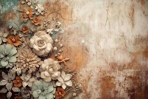 boho muur textuur, pastel aards kleuren, bruin bloemen. ai generatief foto