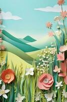 papercraft stijl, met gras begroeid landschap, pastel kleuren, bloemen, kopieerruimte. ai generatief foto