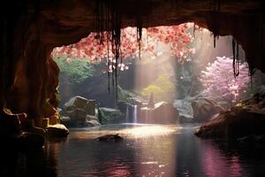 watervallen zijn vallend in, zonnestralen zijn aanraken de water en Kristallen en reflecteren de licht, mos planten en prachtig flora. ai generatief foto