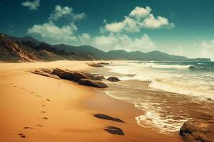 blauw lucht en zanderig strand. ai generatief foto