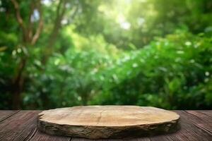 leeg houten tafel in natuur. ai generatief foto