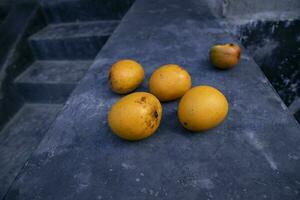 dichtbij omhoog van Mens hand- Holding vers mango fruit in natuur achtergrond foto