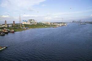 antenne visie van de rivier- en industrieel Oppervlakte met blauw lucht in narayanganj-bangladesh foto