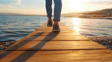 poten wandelen Aan de pier. zonnig zomer dag. generatief ai foto