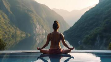 vrouw praktijk yoga lotus houding Aan de zwembad met achtergrond van de berg in de ochtend. generatief ai foto